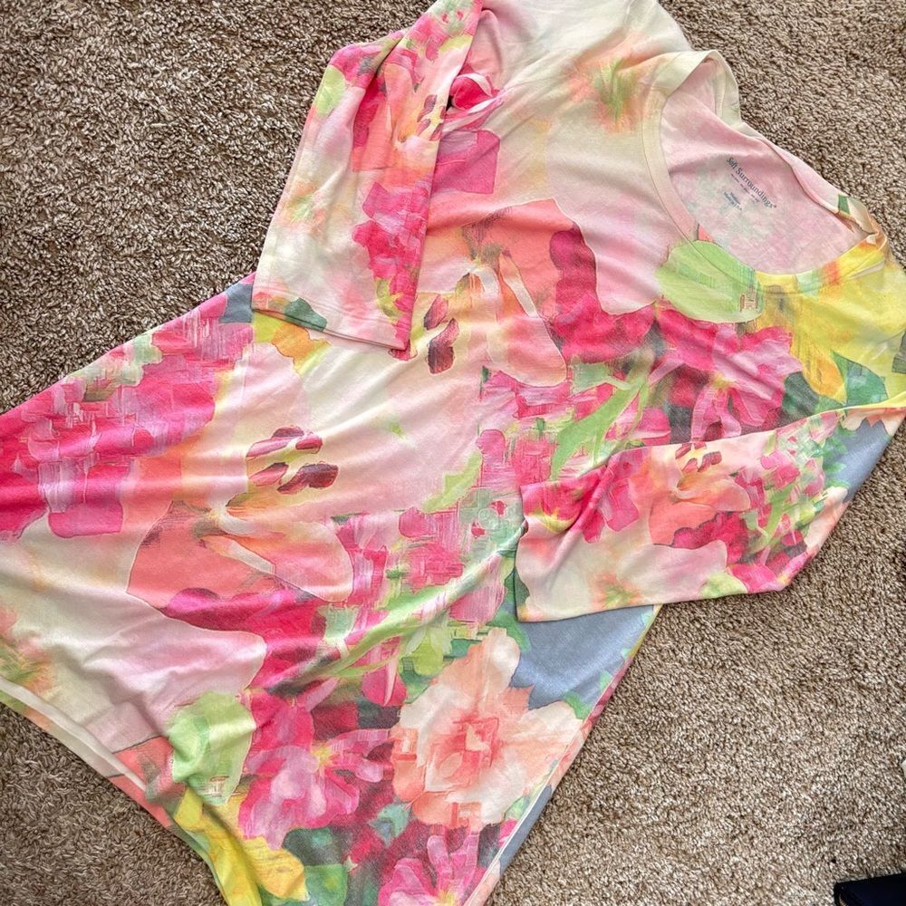 NWOT Soft Surroundings Colorful Floral Watercolor Tunic Top Scoop 3/4 Sleeve M